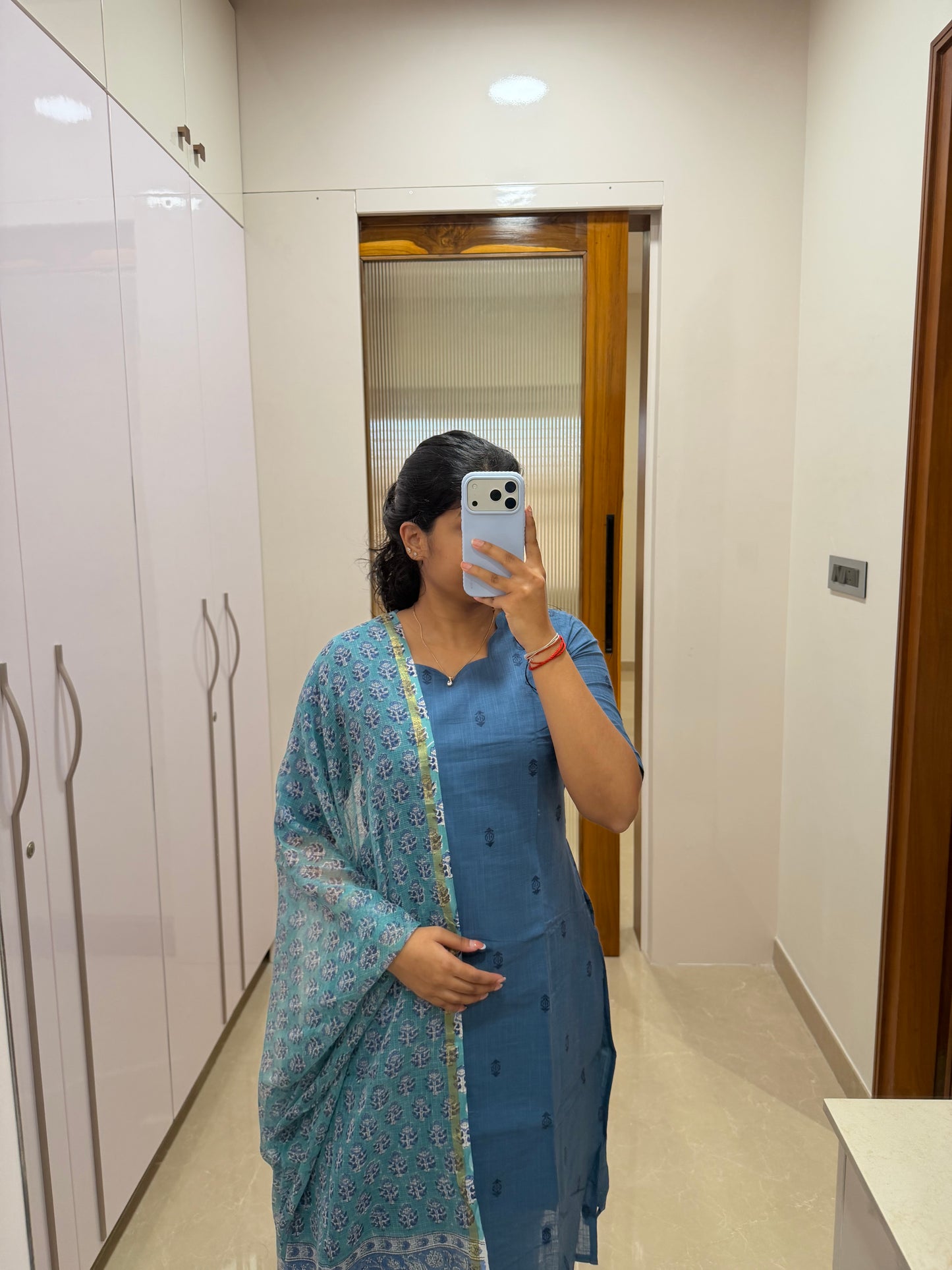Denim blue handloom cotton set with turquoise blue Kota dupatta