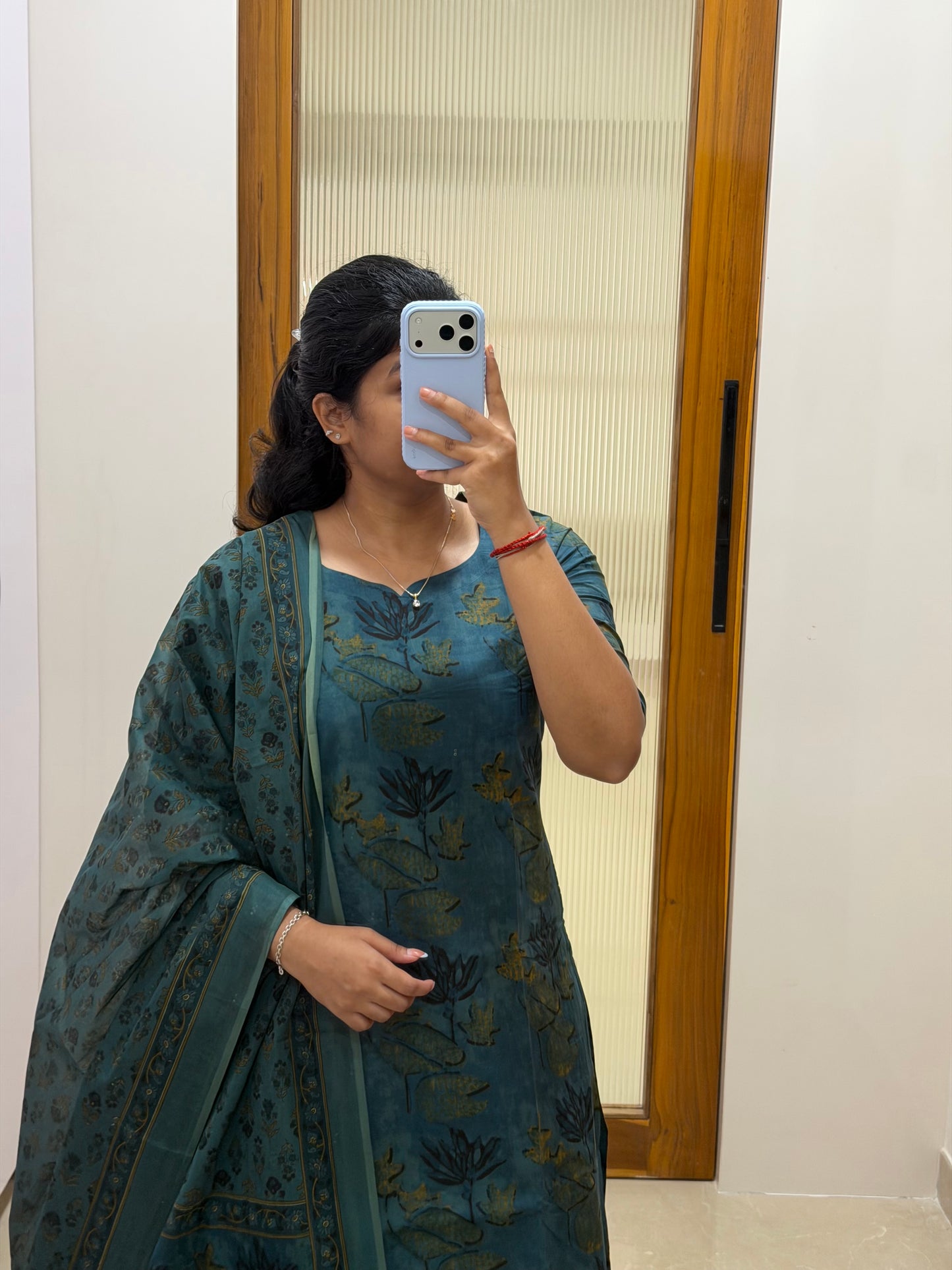 Teal blue block print cotton 3 piece set