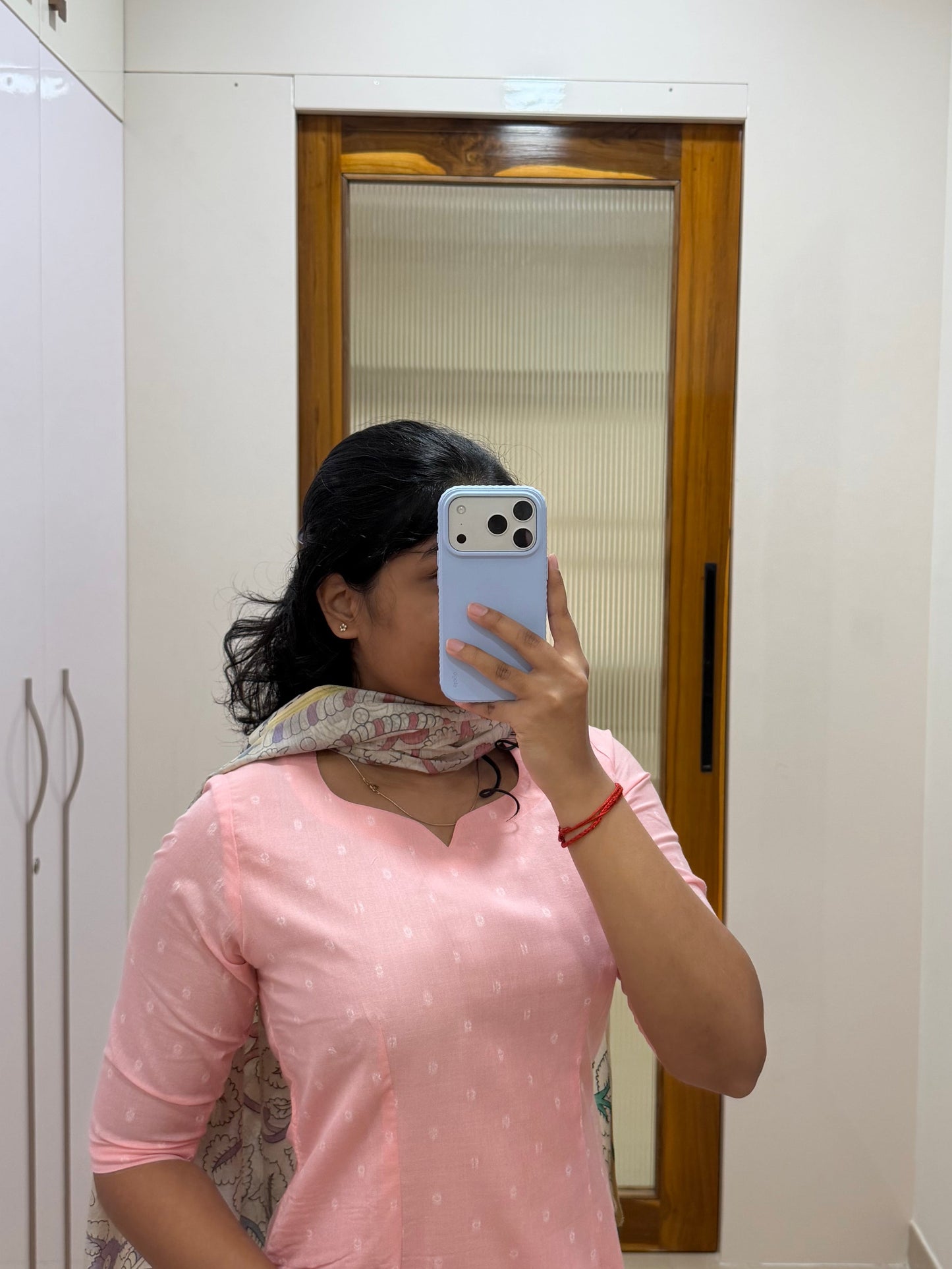 Baby pink silk cotton with kalamkari shawl