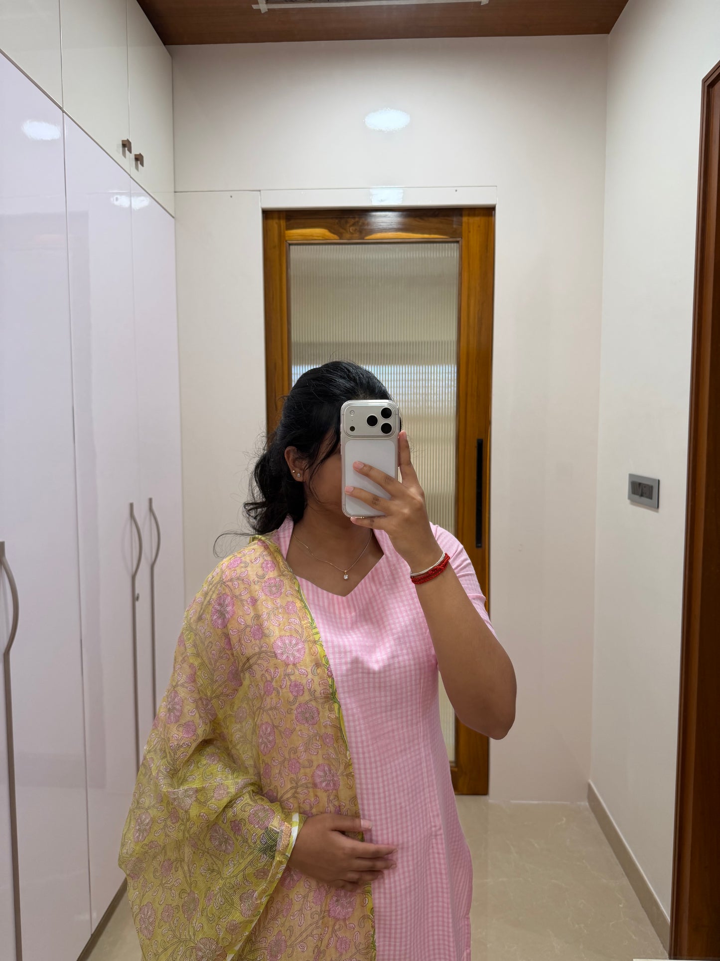 Baby pink self checked with light green Kota shawl