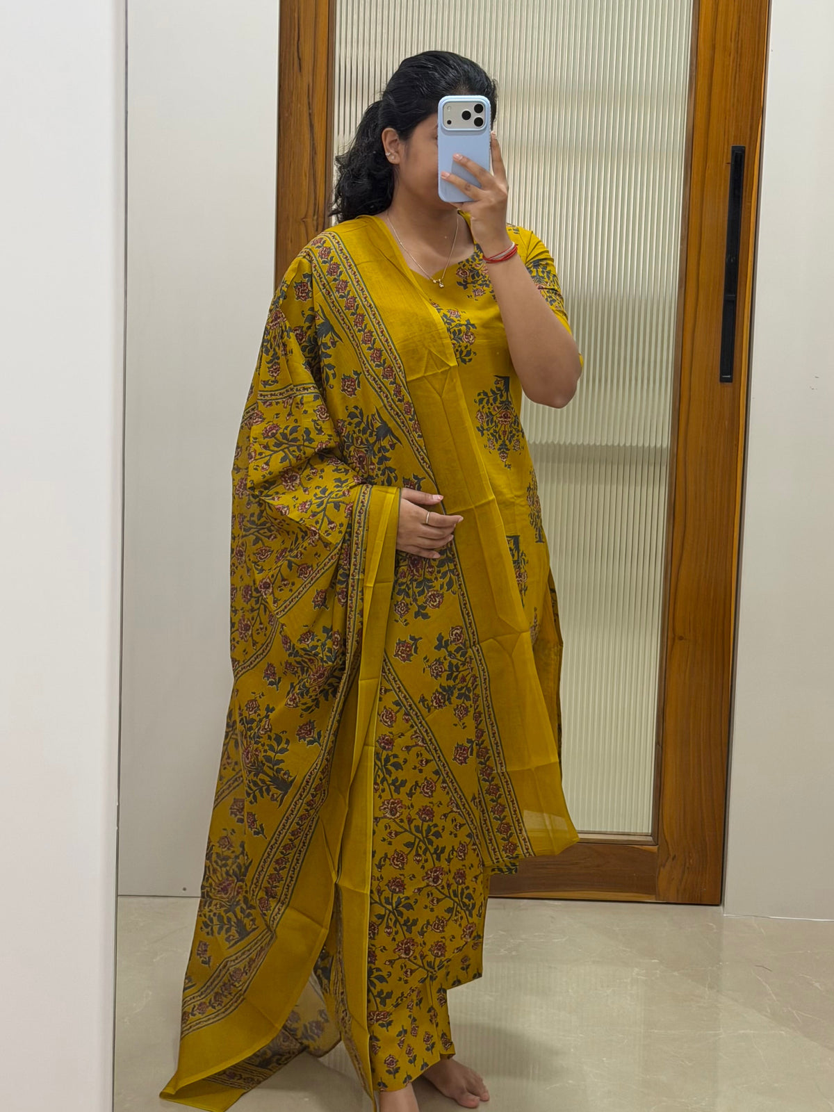 Mustard yellow floral Jaipur cotton 3 piece set