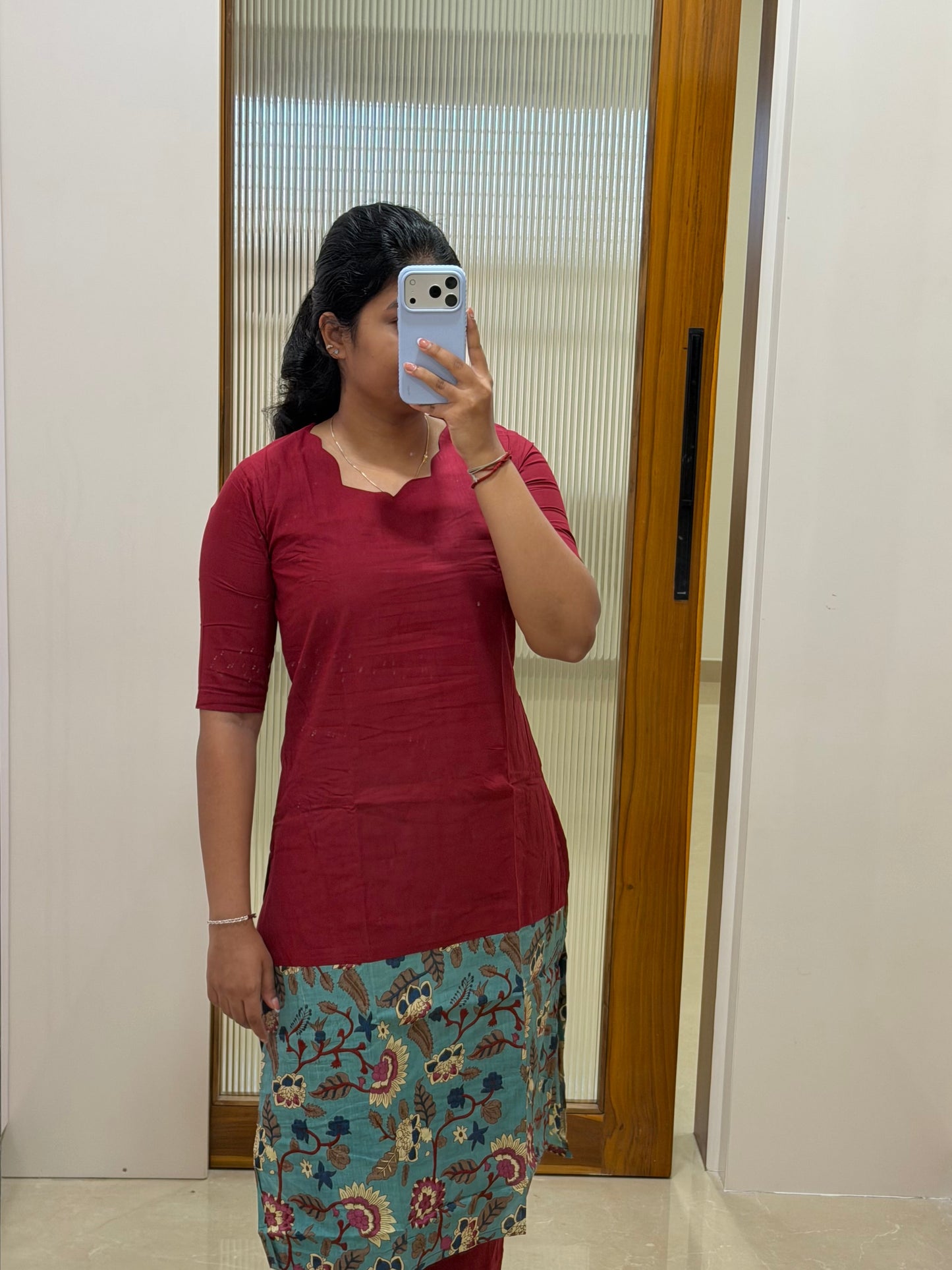 Red with teal blue kalamkari kurti only