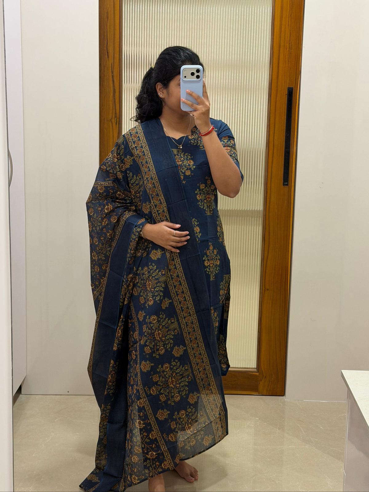 Navy blue floral Jaipur cotton 3 piece set