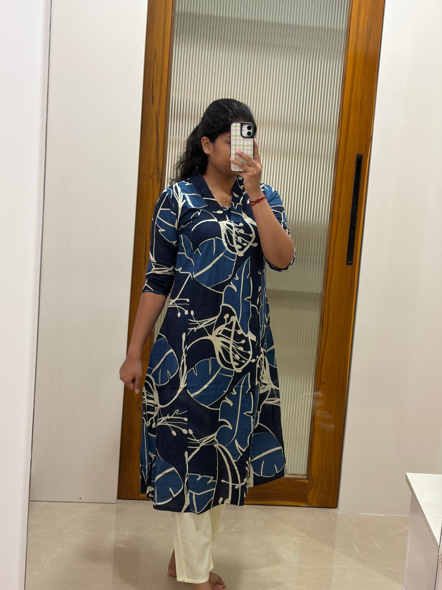 Dark blue abstract leaf A-line kurti only