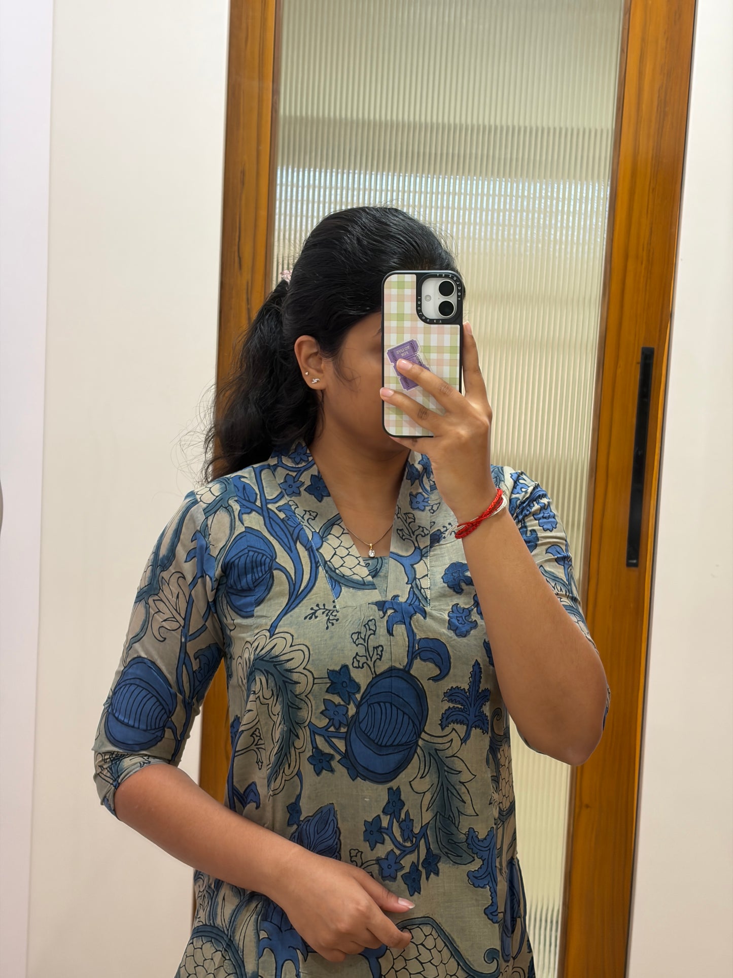 Grey and blue kalamkari A-Line coord set