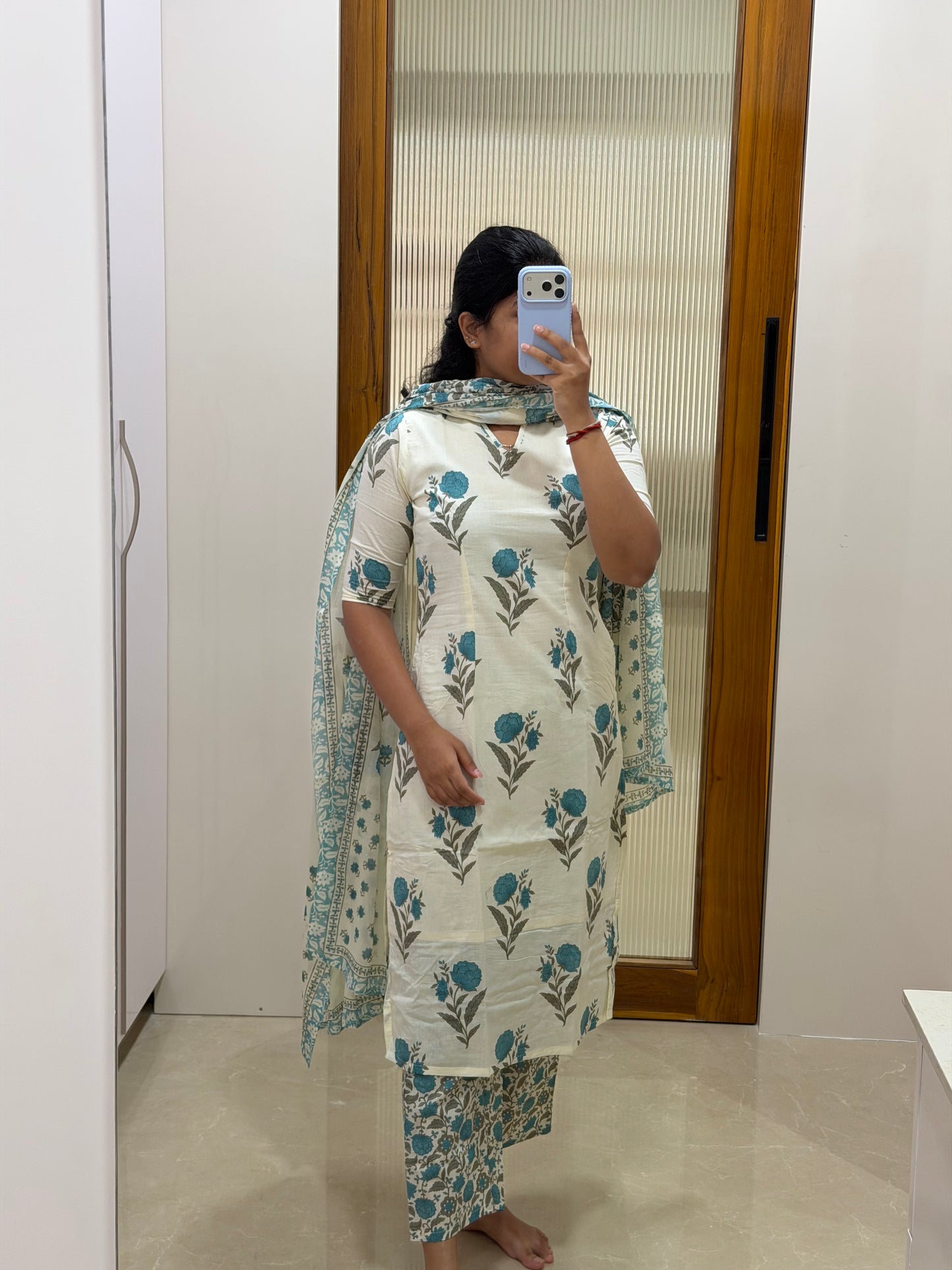 Light blue and white floral Jaipur cotton 3 piece set