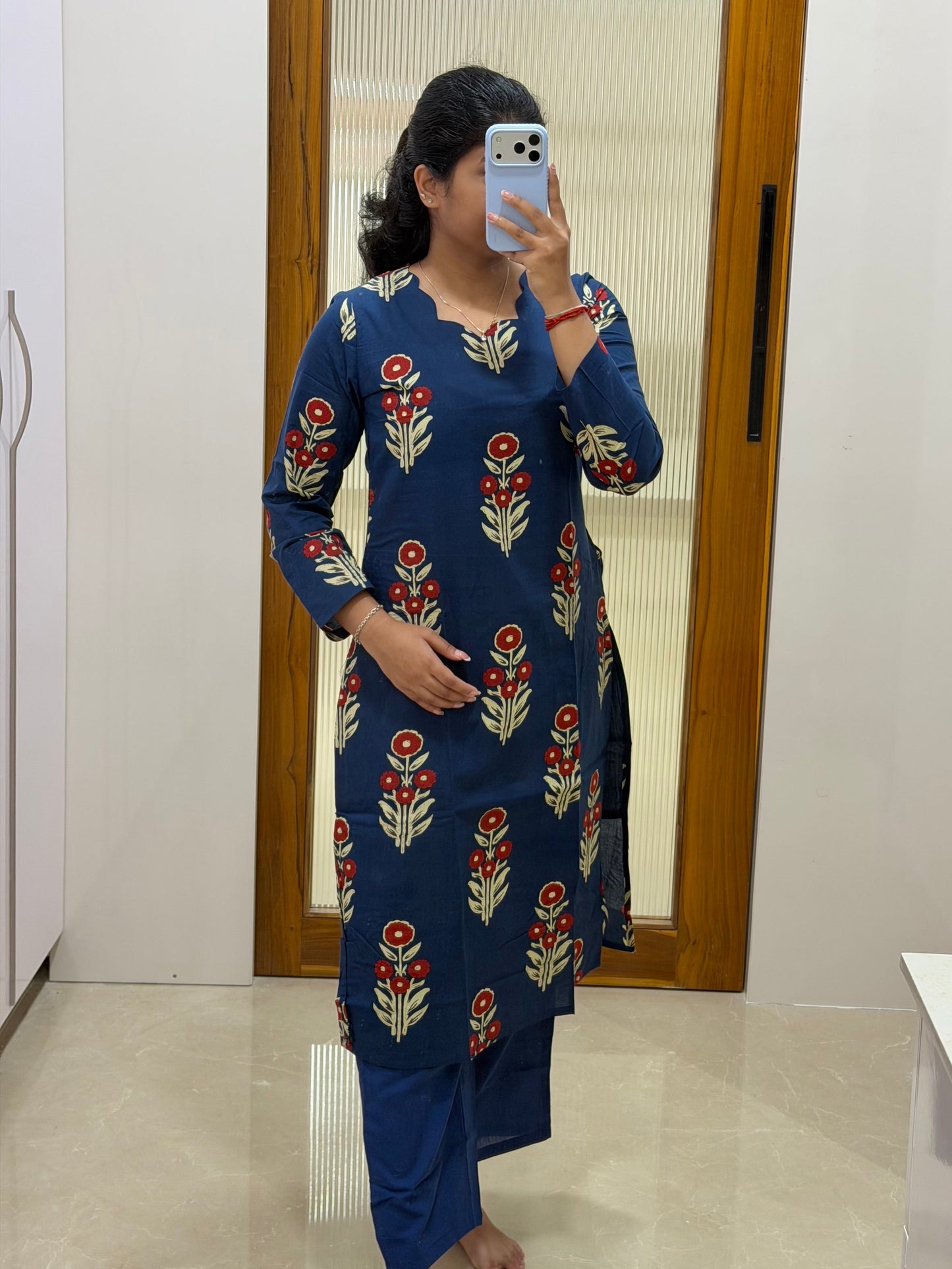 Navy blue and red floral Coord set