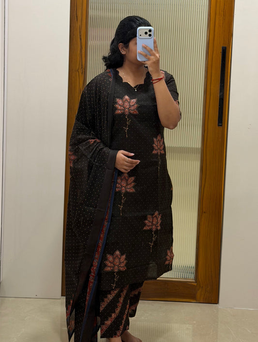 Black floral Jaipur cotton 3 piece set