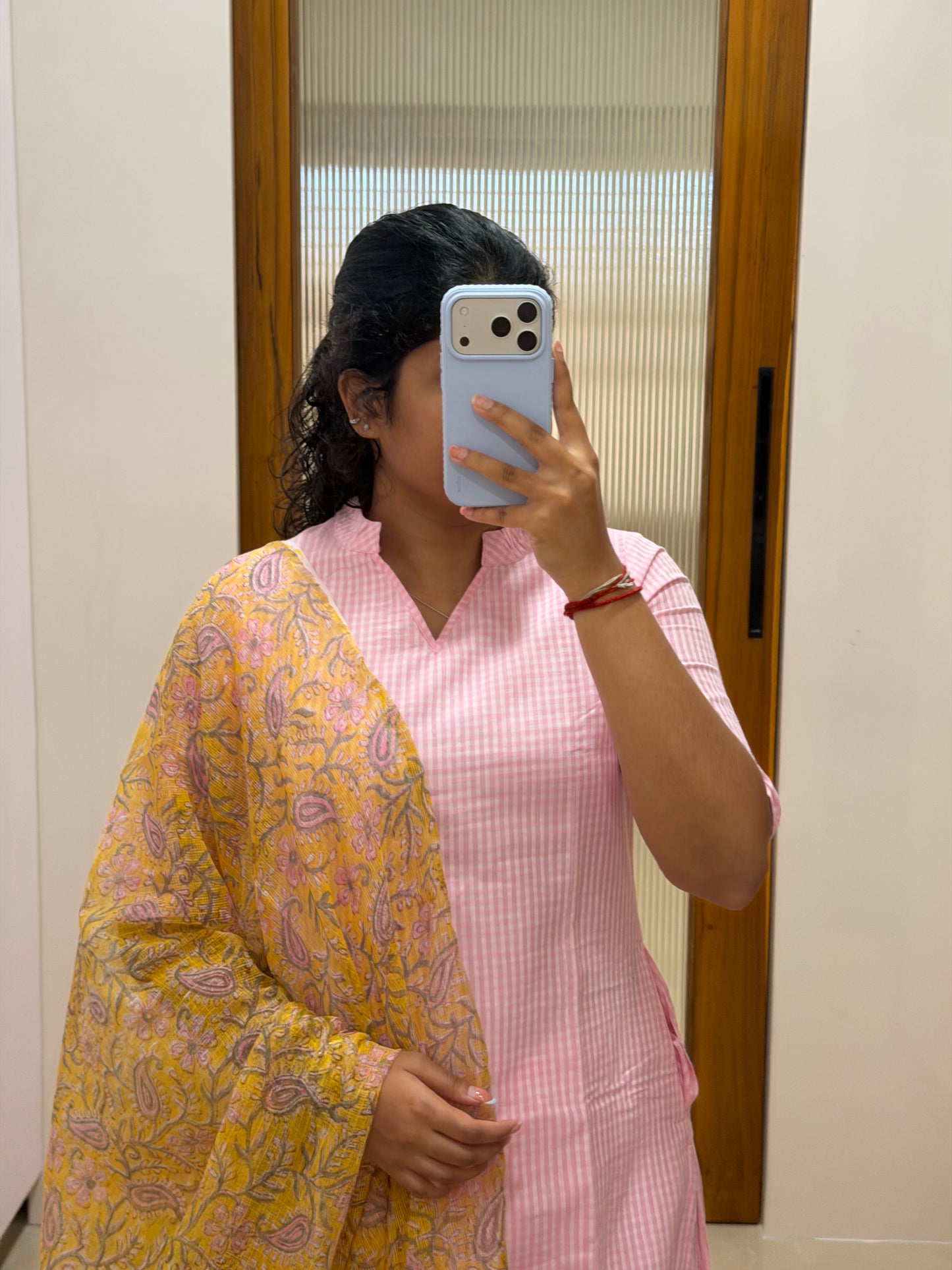Baby pink self checked with yellow Kota shawl