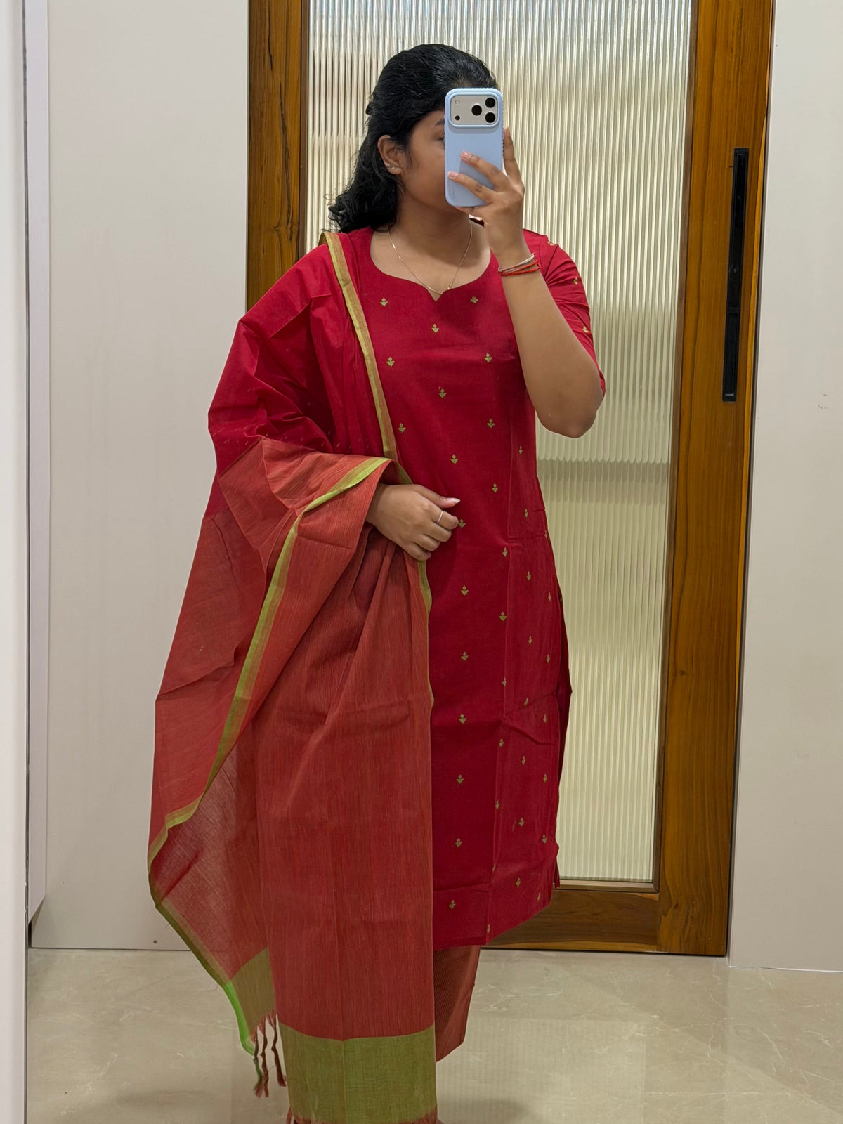 Red with green butta handloom cotton 3 piece set