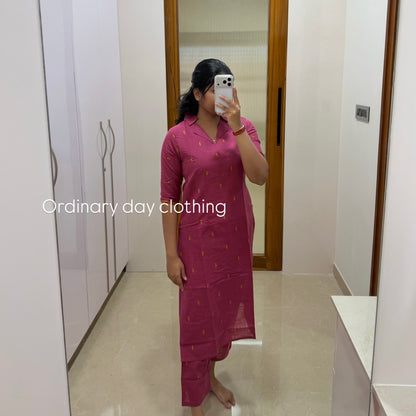 Mulberry pink handloom cotton kurti set
