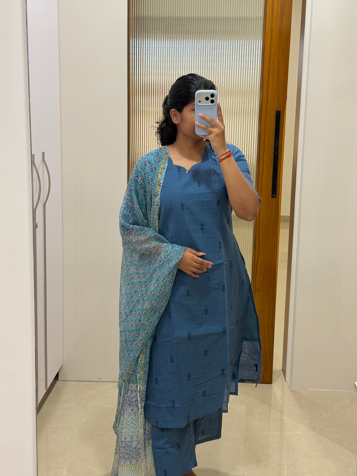 Denim blue handloom cotton set with turquoise blue Kota dupatta