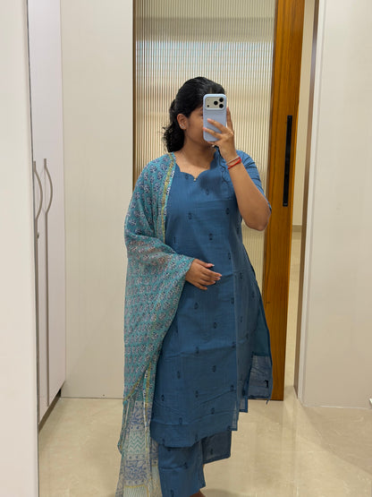Denim blue handloom cotton set with turquoise blue Kota dupatta