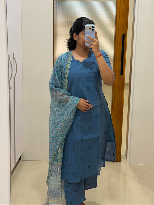 Denim blue handloom cotton set with turquoise blue Kota dupatta