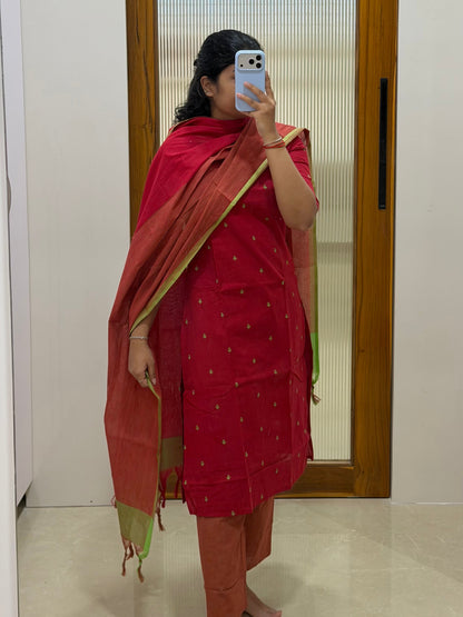 Red with green butta handloom cotton 3 piece set