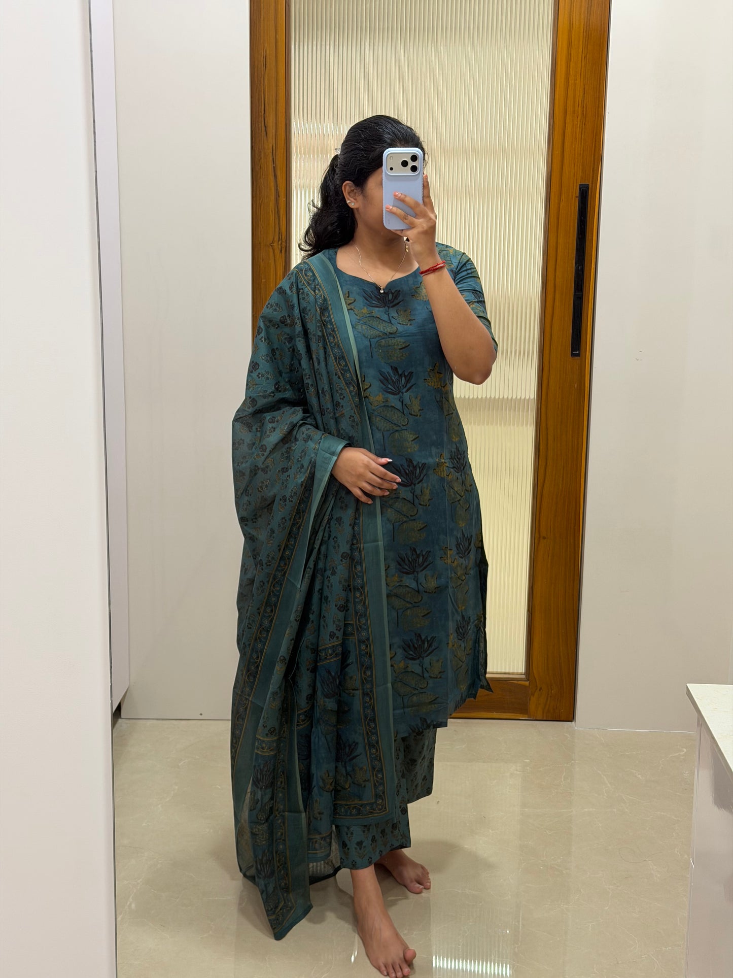 Teal blue block print cotton 3 piece set