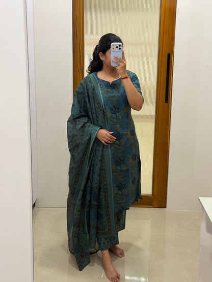 Teal blue block print cotton 3 piece set