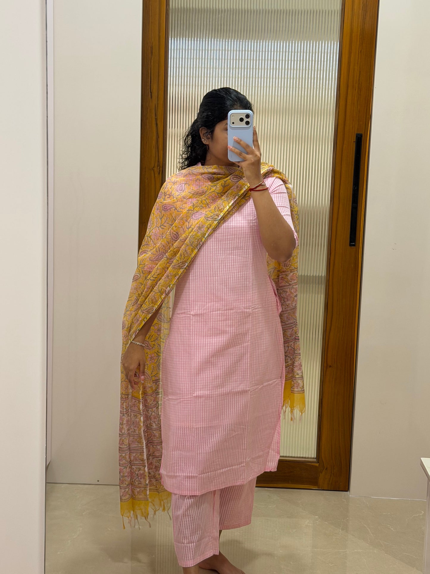 Baby pink self checked with yellow Kota shawl