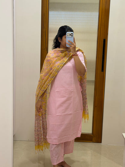 Baby pink self checked with yellow Kota shawl