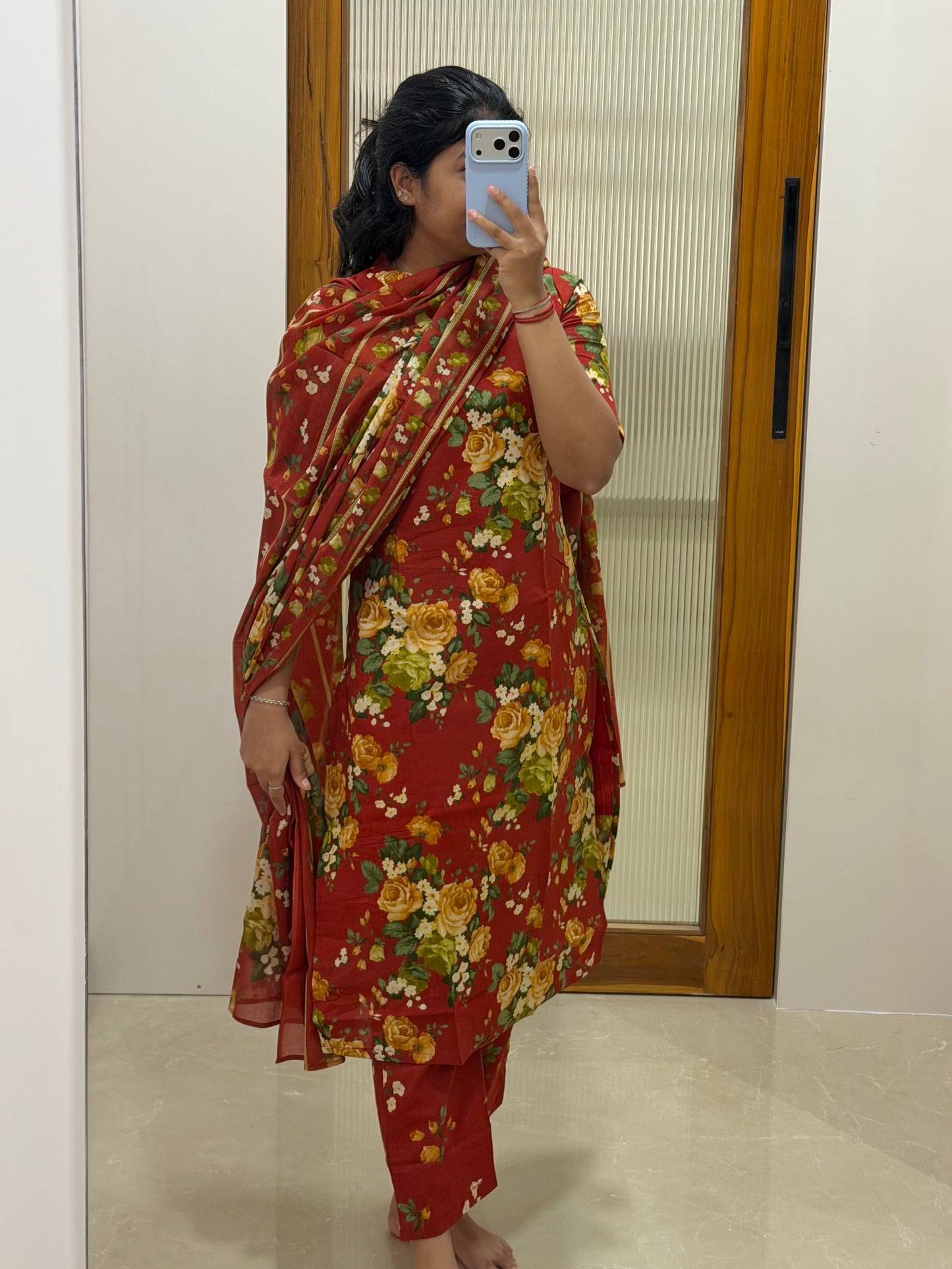 Red floral Jaipur cotton 3 piece set