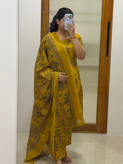 Mustard yellow floral Jaipur cotton 3 piece set