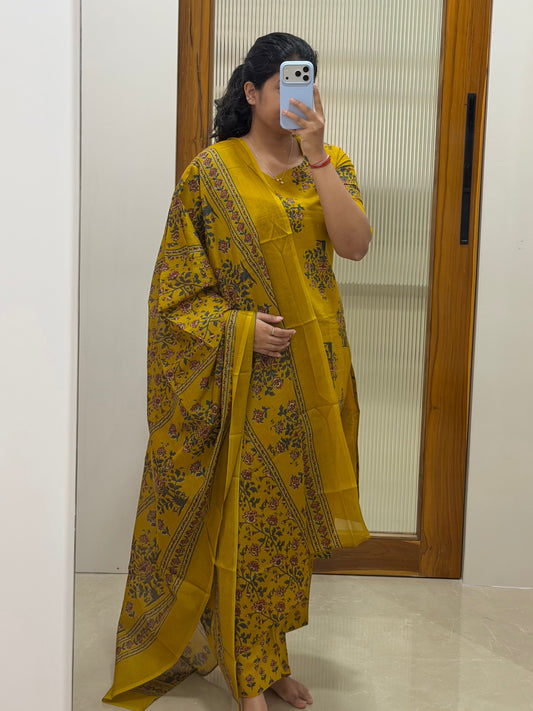 Mustard yellow floral Jaipur cotton 3 piece set