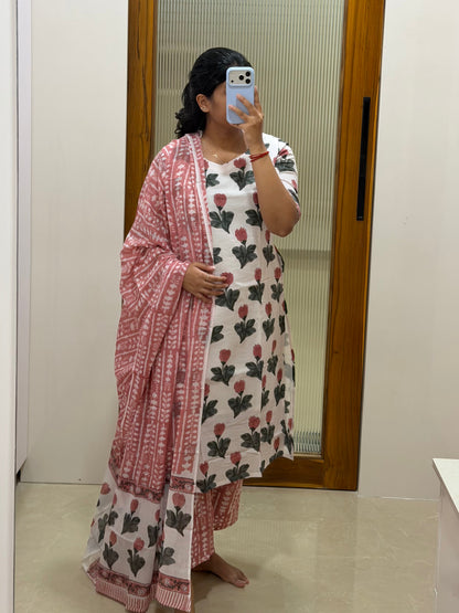 White floral Jaipur cotton 3 piece set