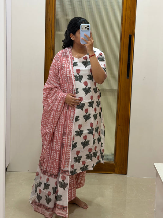 White floral Jaipur cotton 3 piece set