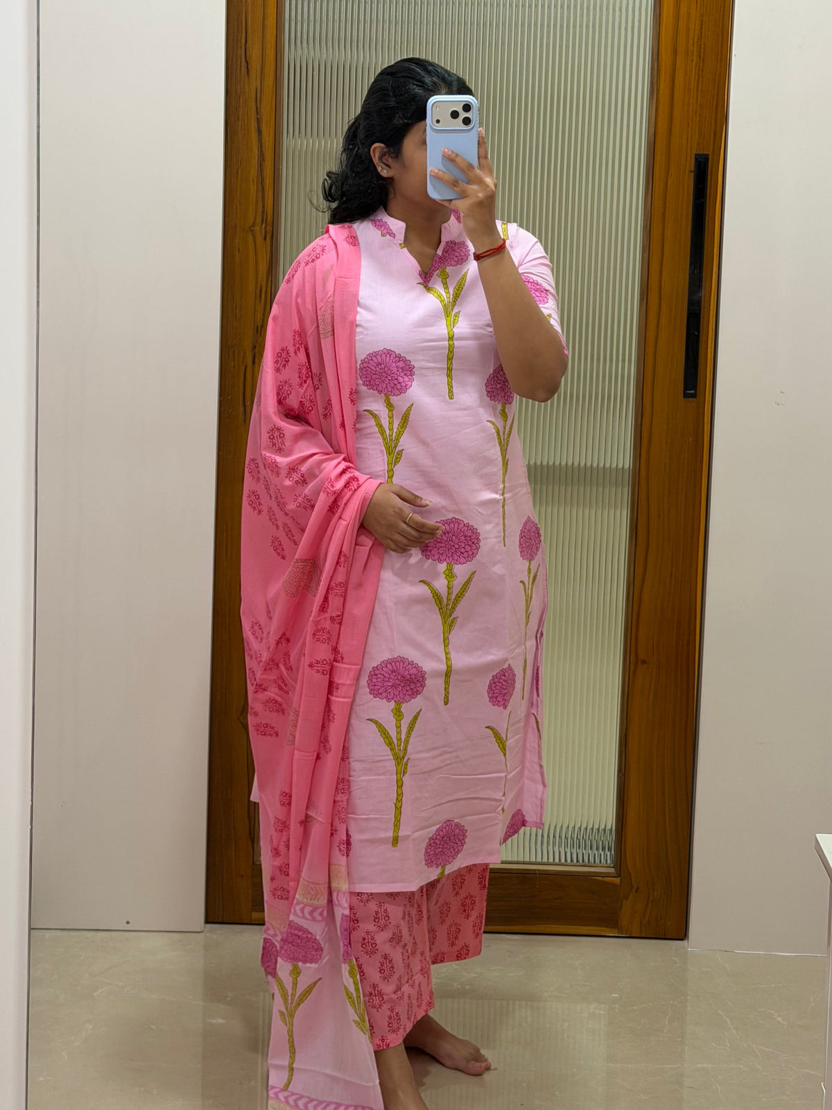 Baby pink floral Jaipur cotton 3 piece set