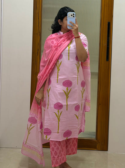 Baby pink floral Jaipur cotton 3 piece set
