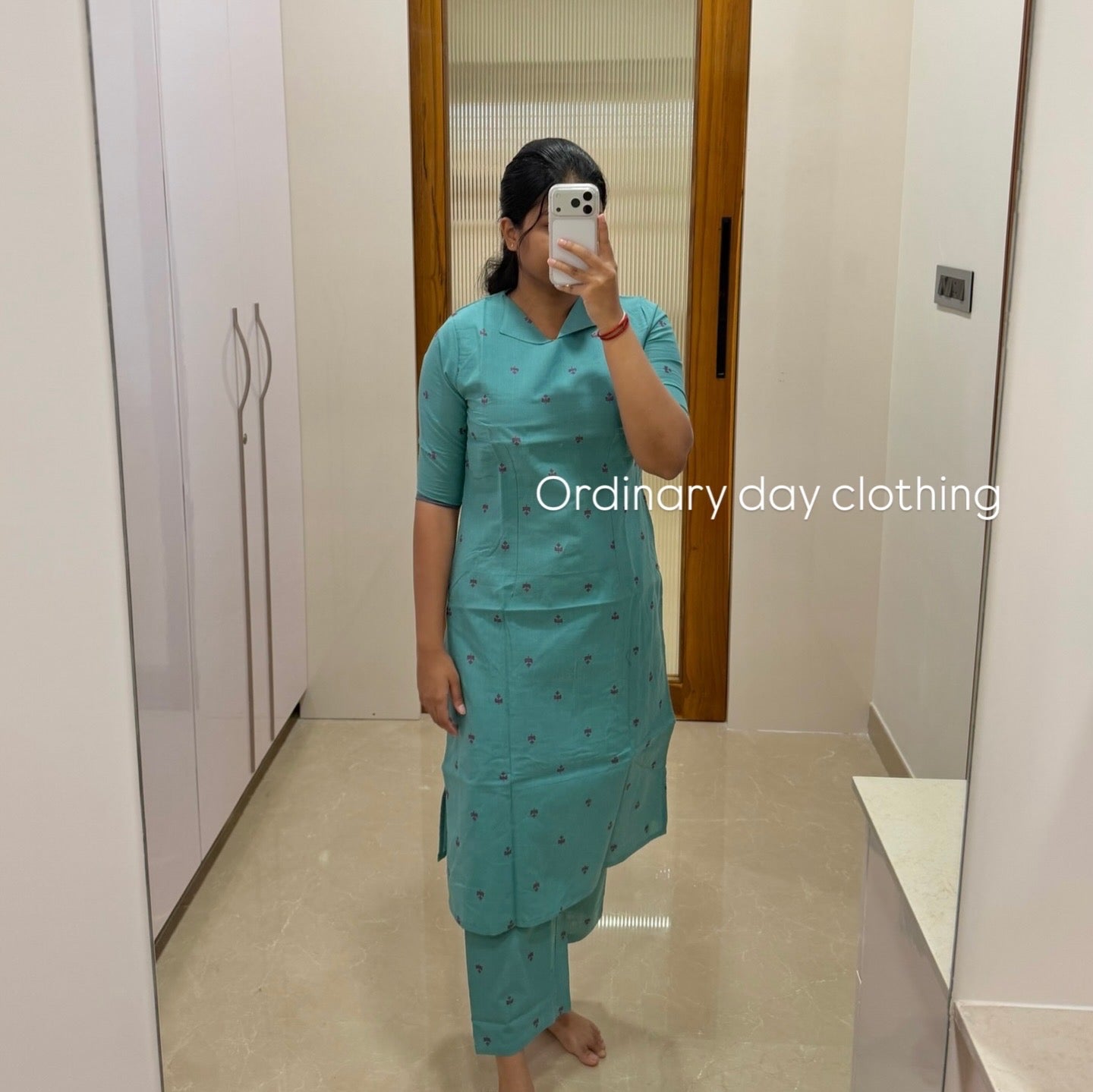 Teal blue Handloom cotton kurti set