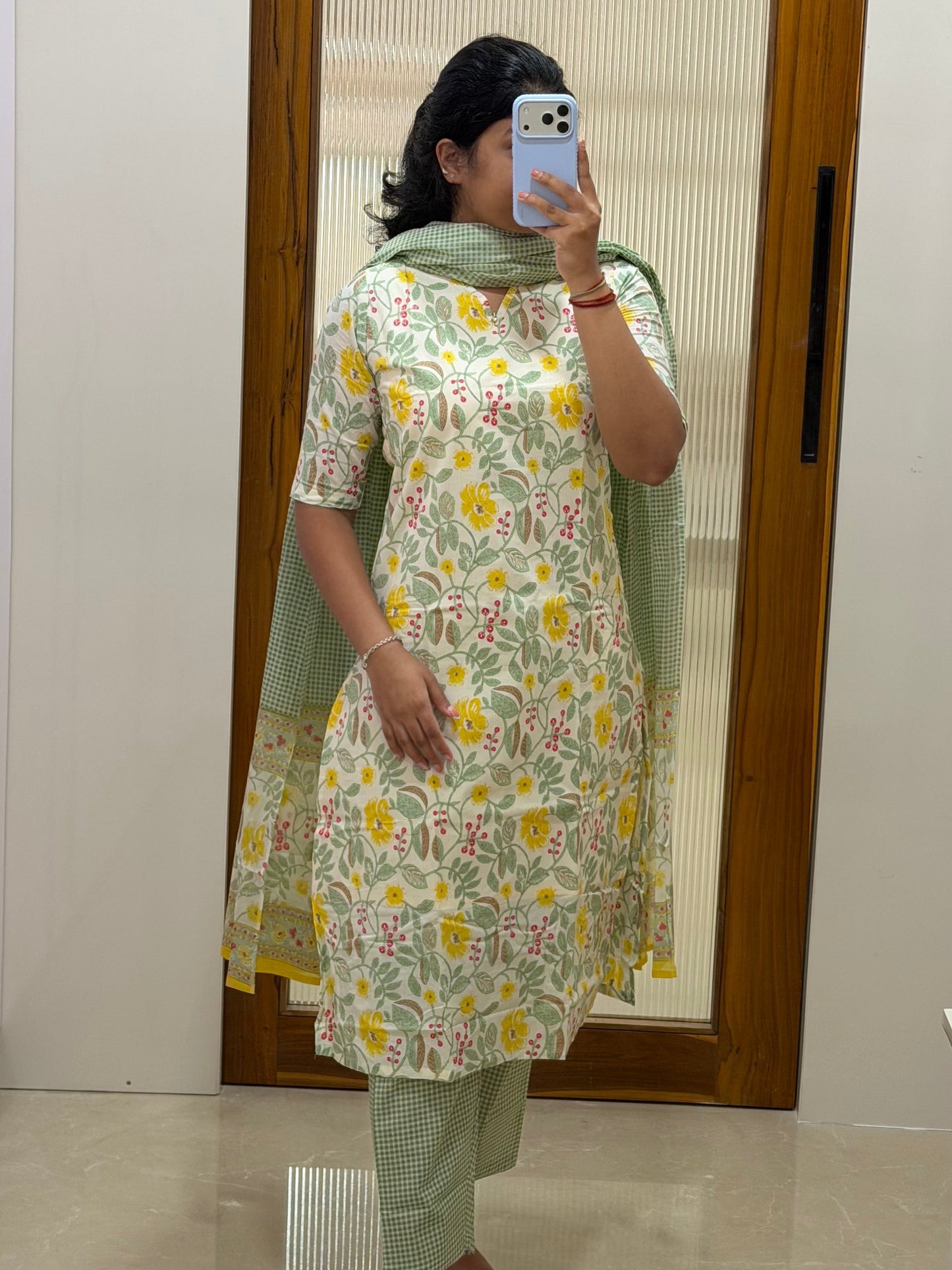 Off White and green floral and checked 3 piece set