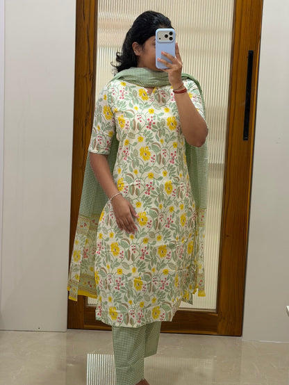 Off White and green floral and checked 3 piece set