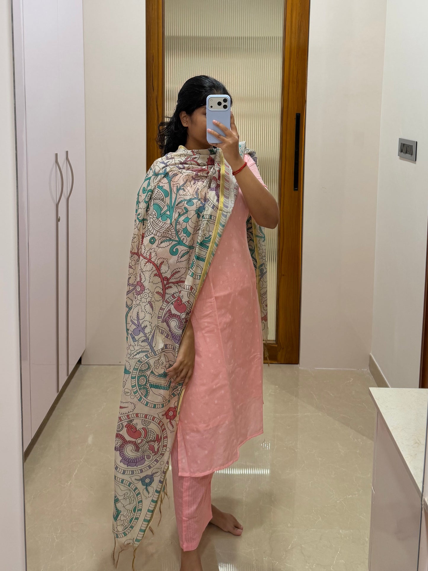 Baby pink silk cotton with kalamkari shawl