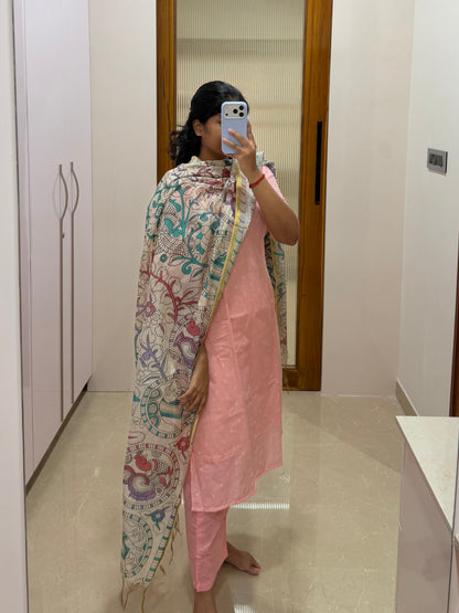 Baby pink silk cotton with kalamkari shawl