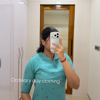 Teal blue Handloom cotton kurti set