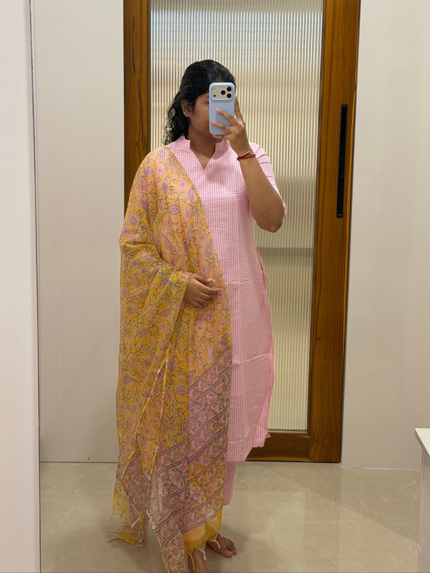 Baby pink self checked with yellow Kota shawl