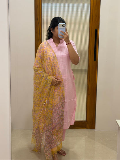 Baby pink self checked with yellow Kota shawl