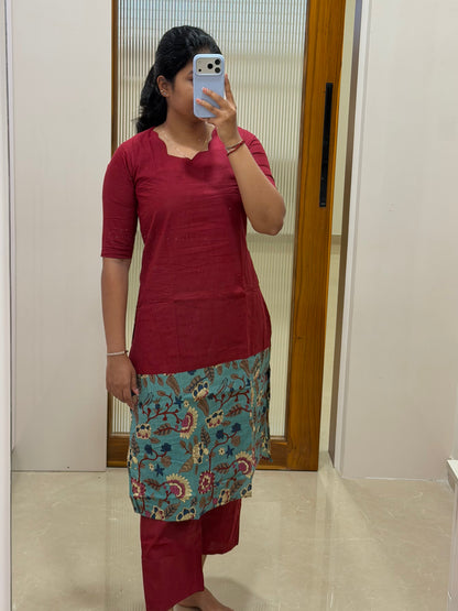 Red with Teal blue kalamkari coord set
