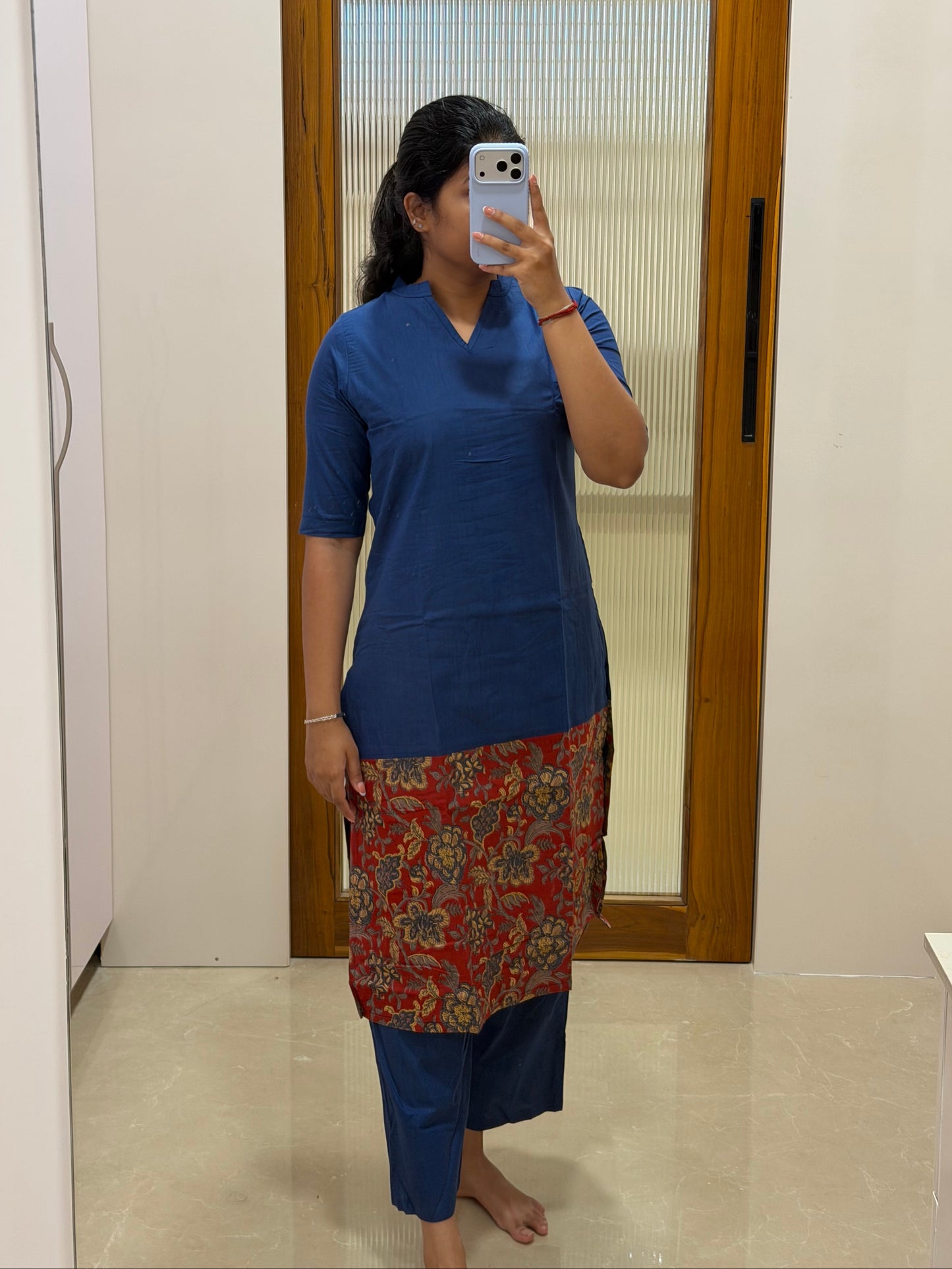 Denim blue with red kalamkari Coord set