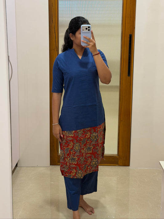 Denim blue with red kalamkari Coord set