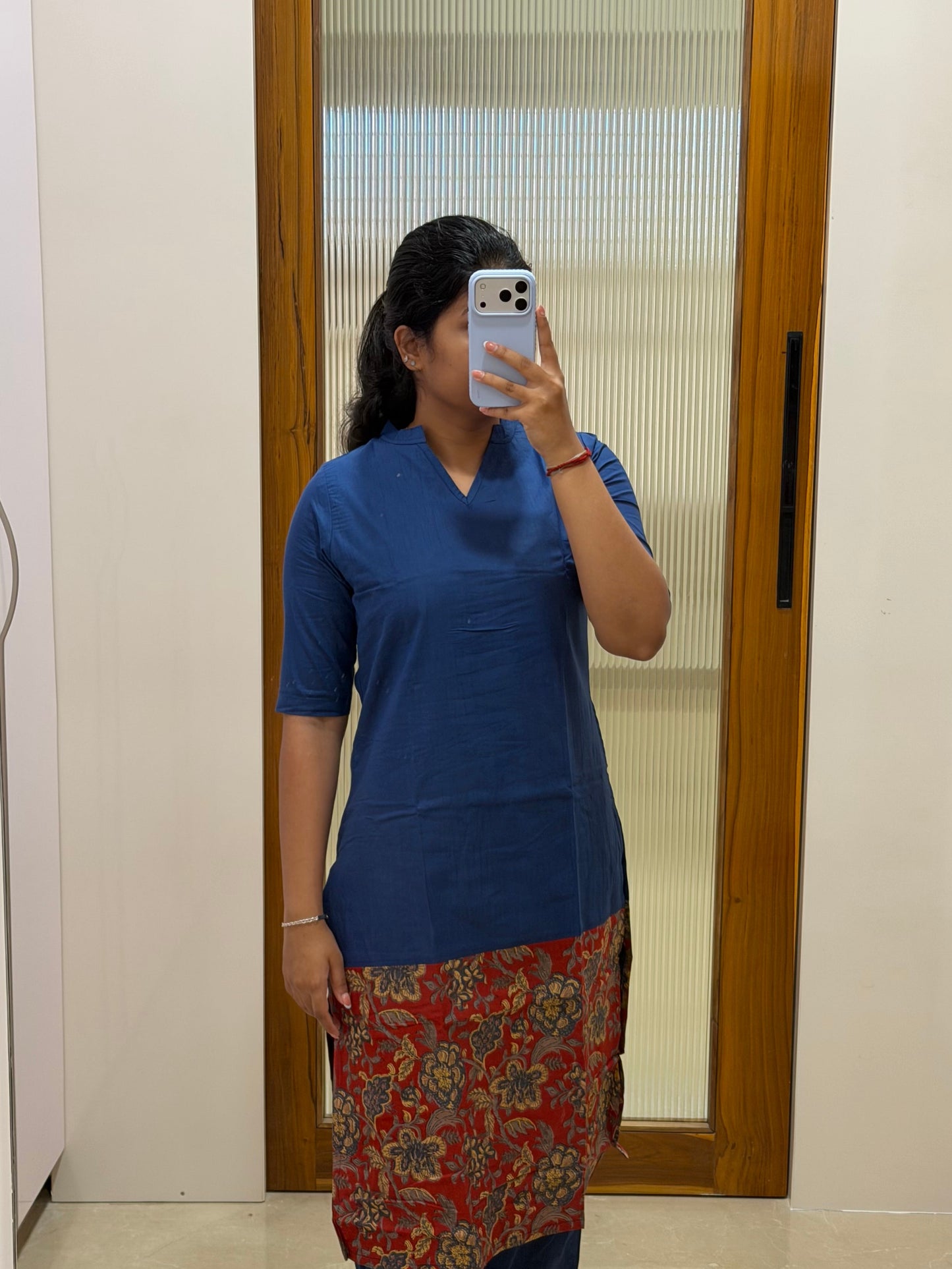 Denim blue with red kalamkari kurti only