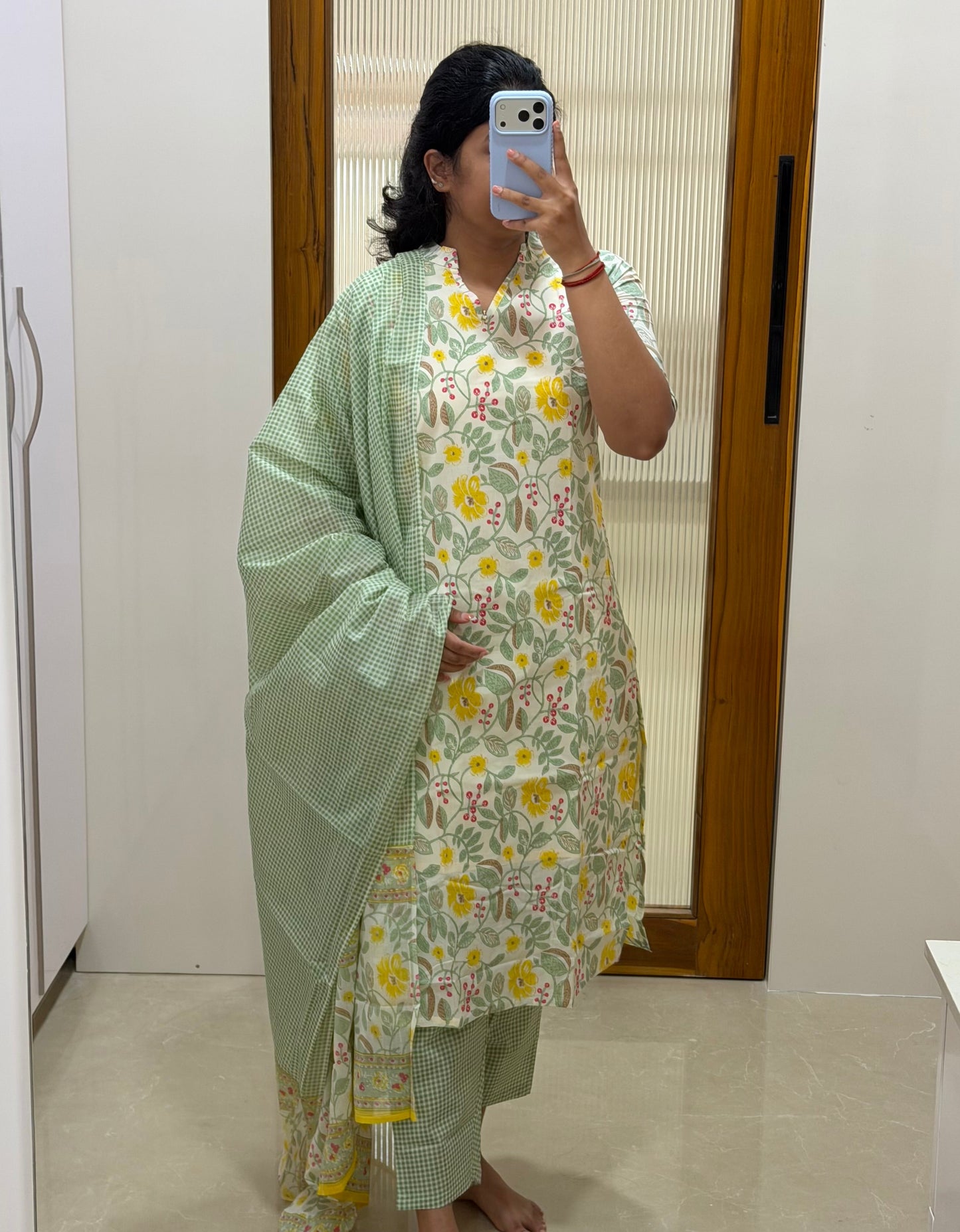 Off White and green floral and checked 3 piece set