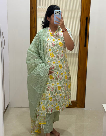 Off White and green floral and checked 3 piece set