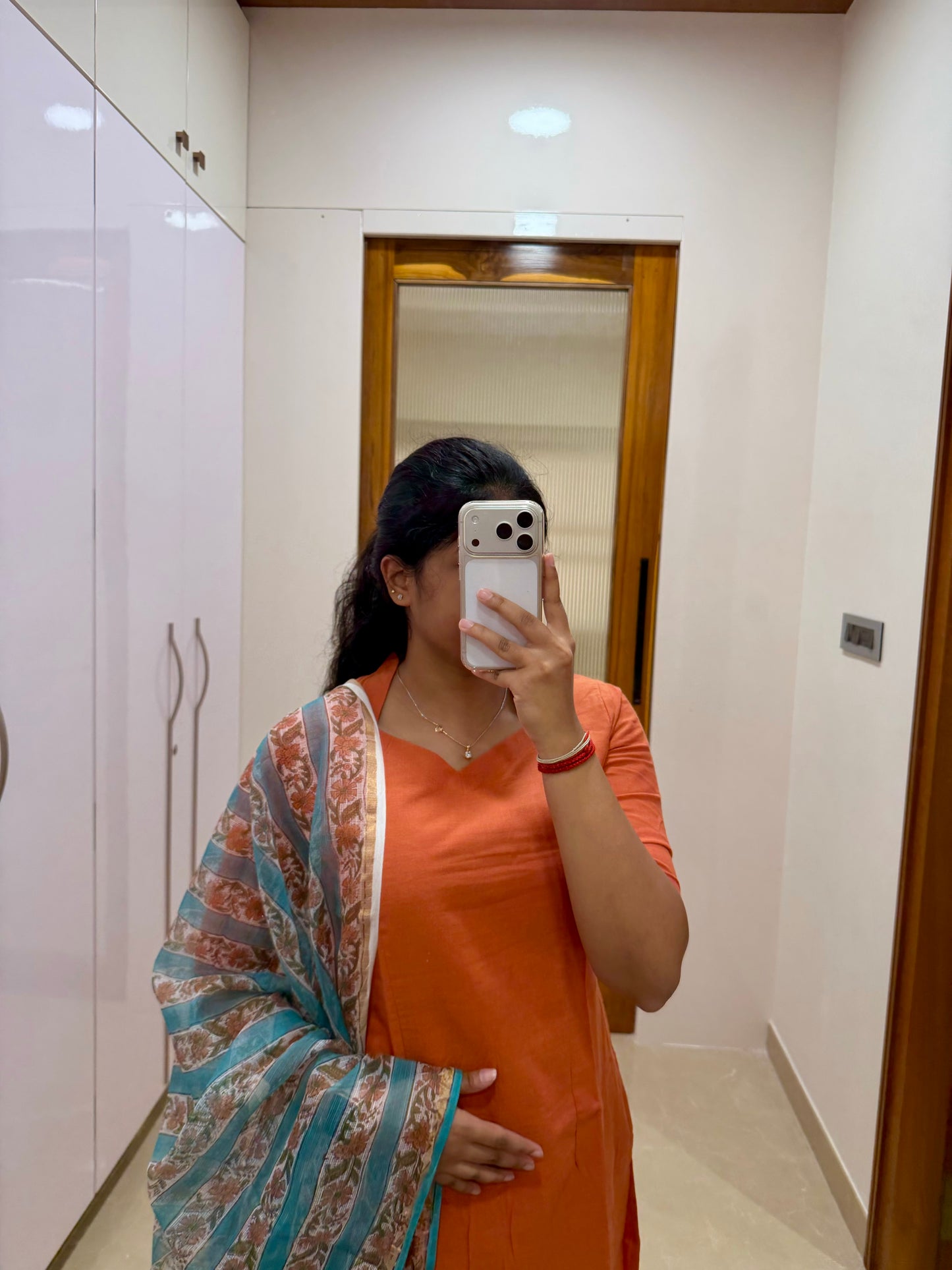 Orange and teal cotton 3 Piece set with kota shawl