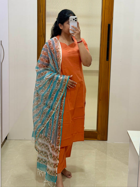 Orange and teal cotton 3 Piece set with kota shawl