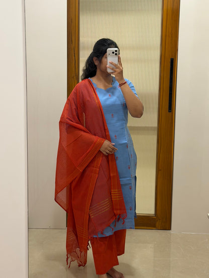 Light blue and red handloom 3 piece set