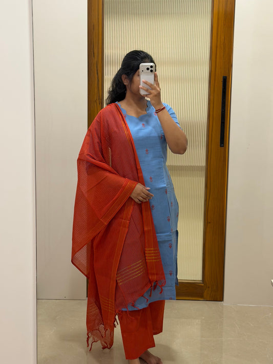 Light blue and red handloom 3 piece set