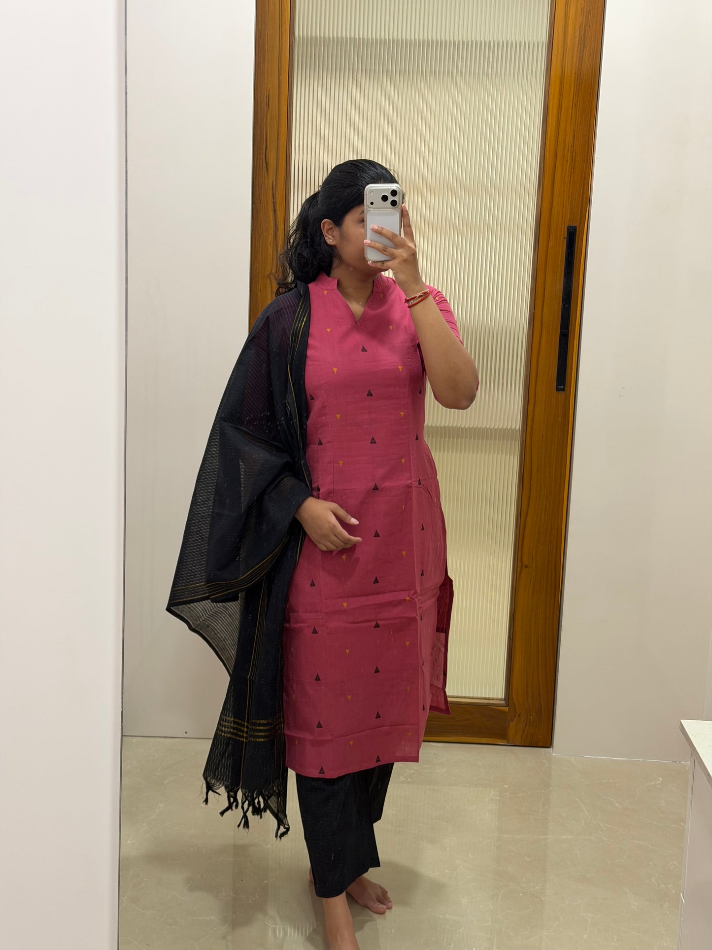Dark Pink and black handloom 3 piece set