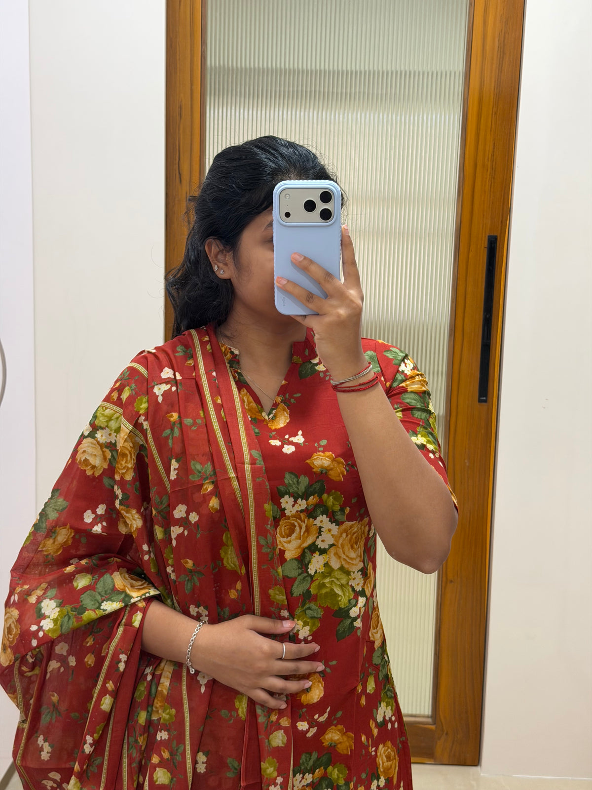 Red floral Jaipur cotton 3 piece set